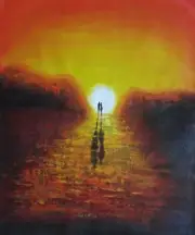 24x20 Walking Couple Long Figure Shadows Golden Sunset Oil Painting