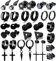[XYusuf] 15 Pairs Earrings for Men, Stainless Steel Earrings Stud Kit for Men Women Fashion Piercing Jewelry Cross Dangle Hoop Earrings Set