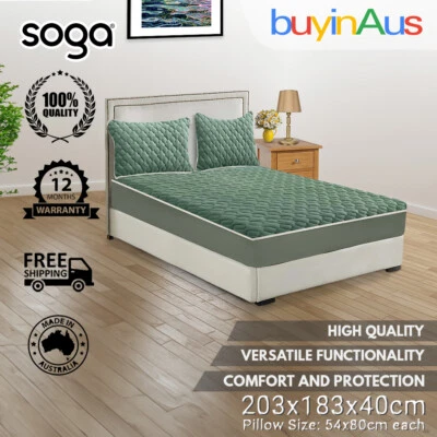 SOGA 183cm Green Quilted Fleece Mattress Clover Bedsheet Cover W/ 2 Pillowcase