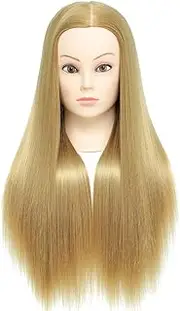 26-28'' Mannequin Head Synthetic Fiber Hair Styling Training Head Dolls for Cosmetology Manikin Maniquins Practice Head with Table Clamp Holder （27#）