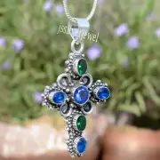 Tanzanite & Chrome Diopside Gemstone 925 Sterling Silver Cross Christian Jewelry