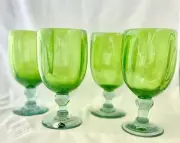 Pier 1 Teardrop Green 4 Mouth Blown Green Bulbous Stem Balloon Wine Glasses Set
