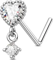 [Jewseen] 20G Nose Rings Heart Nose Studs Cute Nose Nostril Piercing Jewelry Dangle CZ Nose Piercing Jewelry Surgical Steel Nose Barbell L-Shaped Nose Rings Studs-Silver Heart for Valentines’ Day
