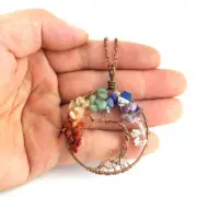 Tree of Life Pendant Gold Natural Gemstone Necklace 7 Chakra Healing Crystal USA