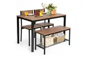 Costway 4pcs Dining Table Set Dining Setting Bench Seat w/Storage Rack Breakfast Kitchen Cafe Home Furniture