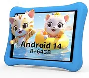 Kids Tablet 10 inch Android 14, 8GB RAM 64GB ROM, Toddler Tablet with Bluetooth, WiFi, Parental Control, Dual Camera, GMS, Shockproof Case, Kids App Pre-Installed