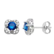 Clover Shaped Sapphire Cubic Zirconia Sterling Silver Stud Earrings