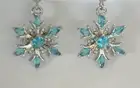 Snowflake Earrings / Dangling Fish Hook / Silver-tone / Clear & Aqua