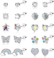[Sanfenly] 10Pairs Small Earrings Set for Women Girls Surgical Steel Cute Hypoallergenic Stud Earrings Butterfly Flower Zirconia Screw Back Multicolored Pink Cartilage Piercing Earrings for Kids Baby