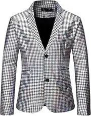 [Woyibel] Men Sequins Blazer - Shiny Sequins Suit Jacket Halloween Outfits,Two Button Blazer Tuxedo Disco Glitter Party Blazer for Men, Dinner Prom Party Silver