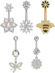 [TJCGCKK] 5 Pcs Stainless Steel Belly Button Ring for Women Girls Cute Bee Flower Dragonfly Piercing Belly Button Rings Dangling Curved Navel Barbell Body Jewelry