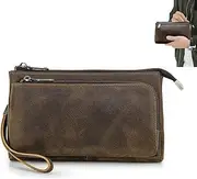 [FAOONNMY] Men's Genuine Leather Clutch Bag with Wrist Strap, Retro Large Capacity Zipper Wallet, Men Small Crazy Horse Cow Leather Handbag Wristlet Purse Multi-Functional Storage Bag for Business Travel Coffee