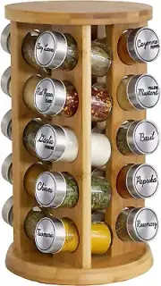 20 Jar Bamboo Spice Rack with Spices Included - Rotating Tower Organizer for Kit