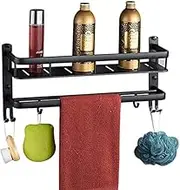 Bathroom Shelf Shower Organiser Wall-Mounted Space Aluminum Rectangle Toilet Punch Free Hook Up Tower Hanger Drain Fence 1/2/3 Tier, Black