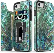 LETO for iPhone SE 2022 Case,iPhone SE 2020 Case,iPhone 7 Case,iPhone 8 Case,Leather Wallet Case with Flower Designs for Girls Women,Protective Phone Shell Green Oyster Shell