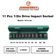 JONNESWAY Impact Sockets Set 1/2 Inch Drive 11 Pcs 10-24mm 6 PT Socket DIN3129