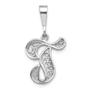 14K White Gold 14Kw Solid Polished Script Filigree Letter T Initial Pendant