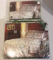 Vintage Percale Full Size Fitted Sheet & 2 Pillowcases America's Wildflowers NEW