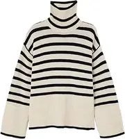 [Generic] Women's Winter Sweaters Casual Striped Knit Long Sleeve Turtleneck Side Split Oversized Pullover Sweater Loose Tops