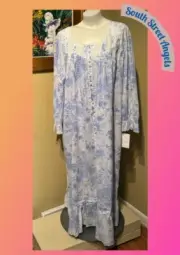 EILEEN WEST E5820118 BLUE FLORAL COTTON LAWN LONG SLEEVE ROBE / GOWN ~ MEDIUM