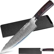 Authentic XYJ Since 1986,Damascus Steel Cleaver Knife,Slicing Chef Knives with Sheath,Gyuto Butcher Cooking Knives,Sharp Laser Etching Pattern,VG10 Damascus Vegetable Knife (8'' Chef Knife A)