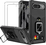 [NUCNOK] Case for Google Pixel 9/Pixel 9 Pro with Card Holder + [2 Pack] Tempered Glass Screen Protector,Shockproof Silicone Case with Ring Kickstand Slide Camera Cover,Scratch-Resistant,Anti-Drop