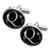 2Pcs Initial Cufflinks, Iron Round Letter Cuff Links for Men (Black/White, Q)