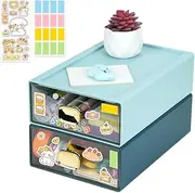 2 Pcs Desktop Storage Boxes with 2 Drawers, Stackable Plastic Storage Organiser with Handle and Labels, Large Office Supplies Storage Drawers Units for Stationery Makeup (S-Cyan+Blue)