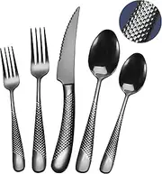 SHEUMNT 20 Piece Hammered Black Silverware Set, 18/10 Stainless Steel Flatware Set, Modern Golden Kitchen Utensil Set Service for 4, Tableware Set, Cutlery Set Including Fork Spoon and Knife
