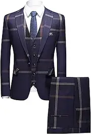 [JEShifangjiusu] Mens Suits 3 Piece Check Plaid Suit Single Breasted One Button Jackets Prom Wedding Party Suit Dress Tuxedo Elegant Blazer Set, Blue, M