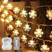 TheaPro Christmas Lights, 10M/33ft 80 LEDS Snowflake String Lights Battery Operated with Remote 2 Modes Fairy Lights Warm White Indoor Outdoor Hanging Snowflakes Decor for Bedroom Home Party Xmas Tree