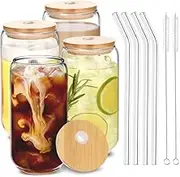 PUPUBLUE 4pcs Glass Cups with Bamboo Lids and Glass Straws, 16oz Drinking Glasses Can Shaped Glass Cups, Beer Glasses, Iced Coffee Glasses, Ideal for Whiskey, Gift, Wine, Cocktail- 2 Cleaning Brushes
