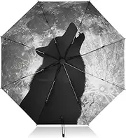 [PDZRMY] Wolf Howling Moon White UV Protection Travel Umbrella Compact for Rain and Sun - Auto Open and Close UPF 50+ Windproof Portable 46” Sun Umbrella for Women and Men