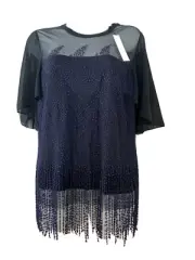 NWT ELIE TAHARI M NOREEN FRINGE EMBROIDERED SHORT SLEEVE CHIFFON TOP NAVY