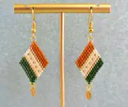Green, Sienna and Gold Diamond-Shaped Diagonal Geometric Earrings w/Leaf Charm