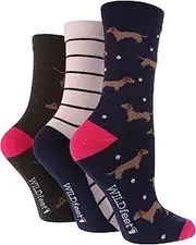 [WILDFEET] Ladies 3 Pair Colourful Novelty Cotton Crew Socks - Size 4-8 UK / 5-9 US (Dachshund)