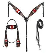 western Leather Equestrian Tooled Beaded Headstall,Breast Collar & Reins. (H052)