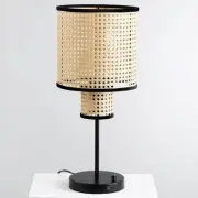 Modern Bohemian 22 in. Beige Tan Table Lamp, 2 Tier PVC Rattan Shade With Velvet