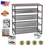 5-Tier Adjustable Freestanding Shoe Rack with Wooden Top & Metal Mesh Shelves