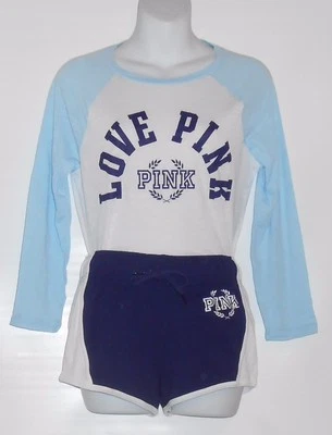 Victoria's Secret Pink Baseball Tee & Varsity Shorts White & Blue XS NWT
