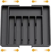 Utensil Drawer Organiser, Expandable Large Cutlery Tray for Kitchen, Adjustable Silverware Flatware Holder, Plastic Kitchen Spatula Tools and Gadgets Storage Divider, Large, Black