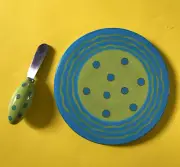 Berryware Summery Ceramic Pop Art Cheese Plate/Trivet W/Spreader 7”, Legs, NEW