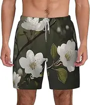 [JHLMN] Men's Swim Trunks Quick Dry Board Shorts Drawstring Beach Short White Flowers Spring Bathing Suit for Men