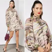 NWT Ted Baker Zeenaa Blouson Sleeve Mini Dress Dusky Pink Mod Print size 0 US 2