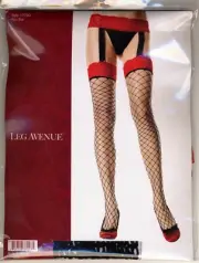 SEXY RED GARTER TOP SUSPENDER FISHNET BLACK STOCKINGS NEW O/S OR PLUS SIZE