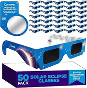 Solar Eclipse Glasses Approved 2024, (50 Pack) CE and ISO Certified Solar Eclipse Observation Glasses, Safe Shades for Direct Sun Viewing, Bonus Smartphone Photo Filter Lens, Blue Stars Design