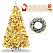Costway 2pc 1.8M Pre-lit Snowy Christmas Tree w/Xmas Garland Wreath Warm LED Lights Indoor Home Xmas Decor