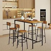 5PCS Bar Table Set 4 Stools Chairs Industrial Kitchen Dining Table Breakfast Home Bistro Cafe Coffee Pub Counter Tall High Top Furniture Rustic Wooden Metal