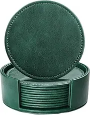 LAMOTI Leather Coasters for Drinks, 4" Drink Coasters Set of 6 with Holder for Tabletop Protection, Handmade Luxurious Home Décor and Housewarming Gift (Green)