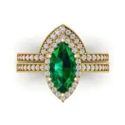 2.16ct MQ Round Cut Halo Emerald Stone Ring Band bridal Set 14k solid Gold
